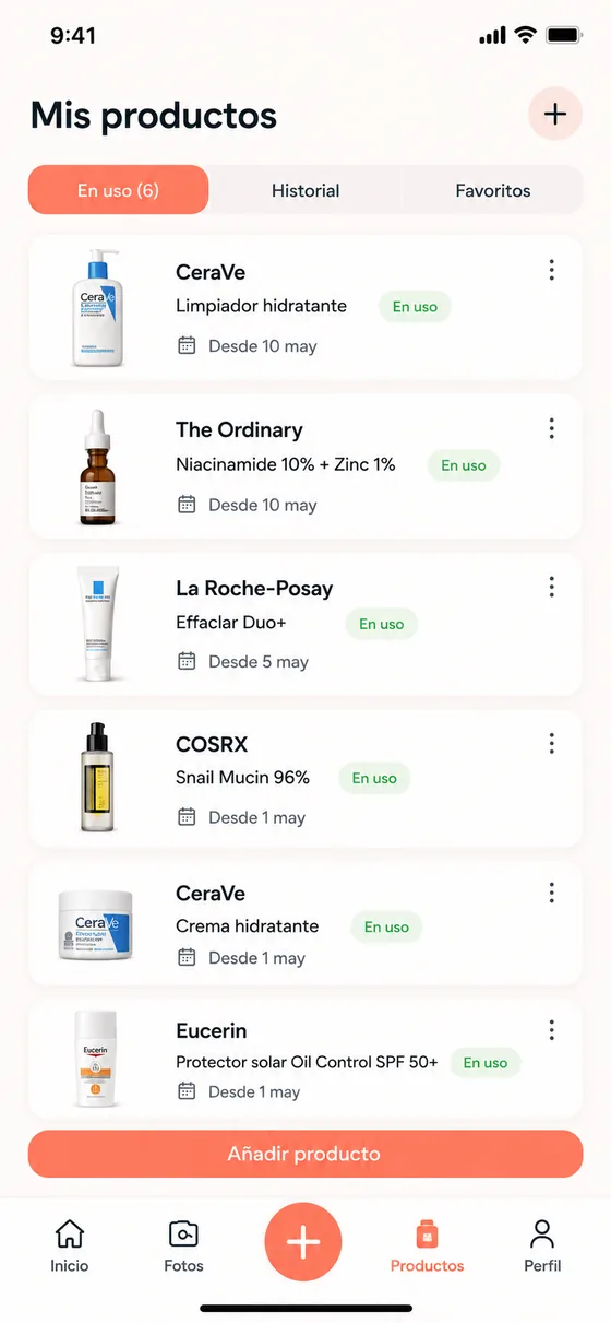 Listado de productos de skincare en uso