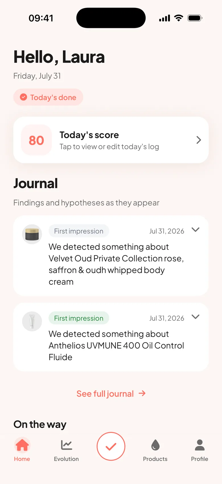 Home screen with daily score and journal