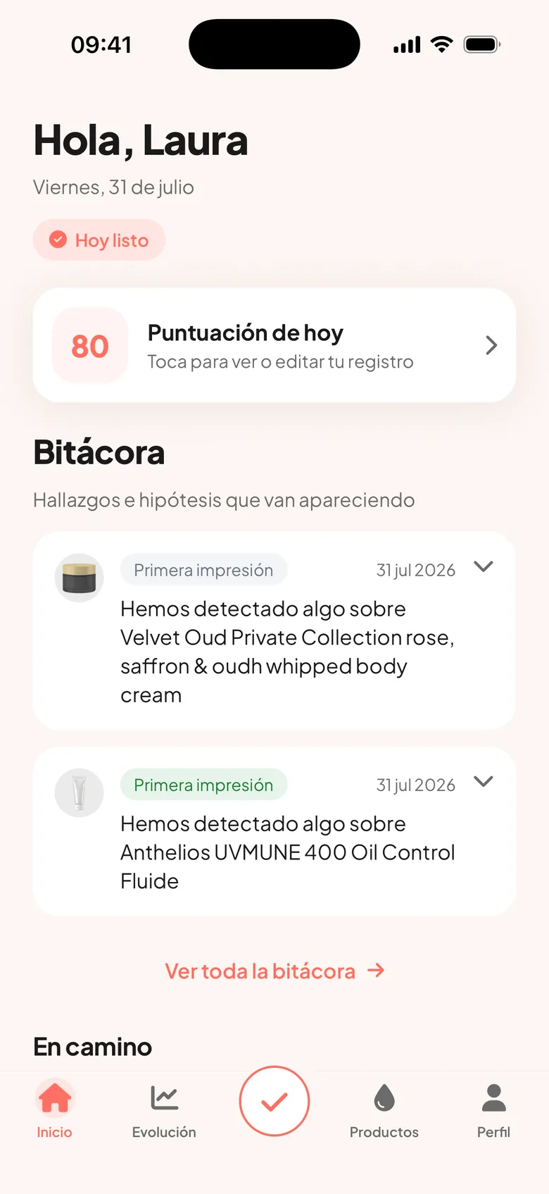 Pantalla de inicio con puntuación del día y bitácora