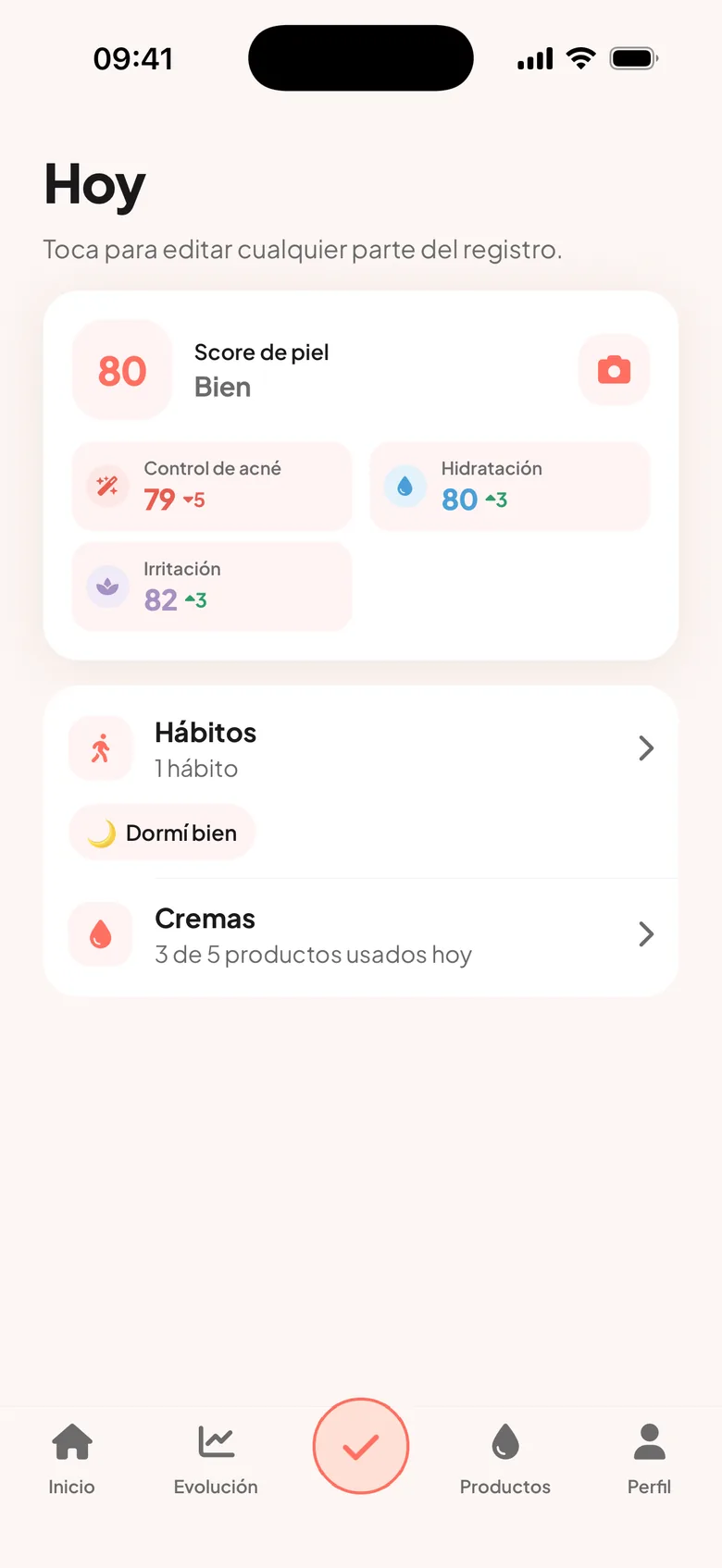 Pantalla de resultados con métricas de la piel